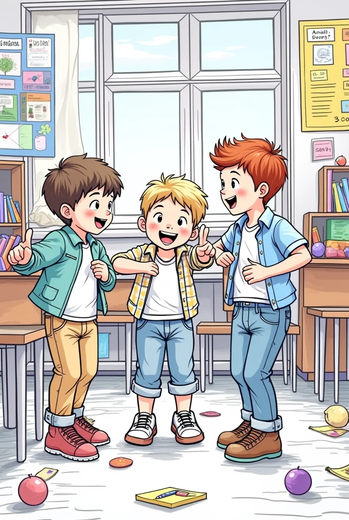 create a coloring picture of 4 children playing in the classroom