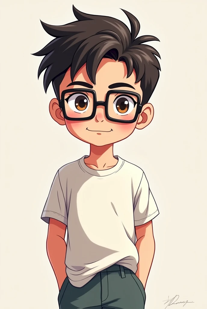 Cartoon ish , square glasses , guy , short hair , mid fade haircut , anime style , big tshirts , short pants , male