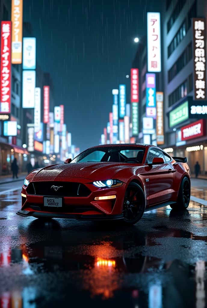 Ford Mustang, on a street in Tokyo, the night, wet floor, raindrops on top of the car