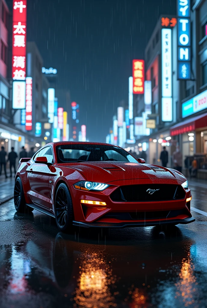 Ford Mustang, on a street in Tokyo, the night, wet floor, raindrops on top of the car