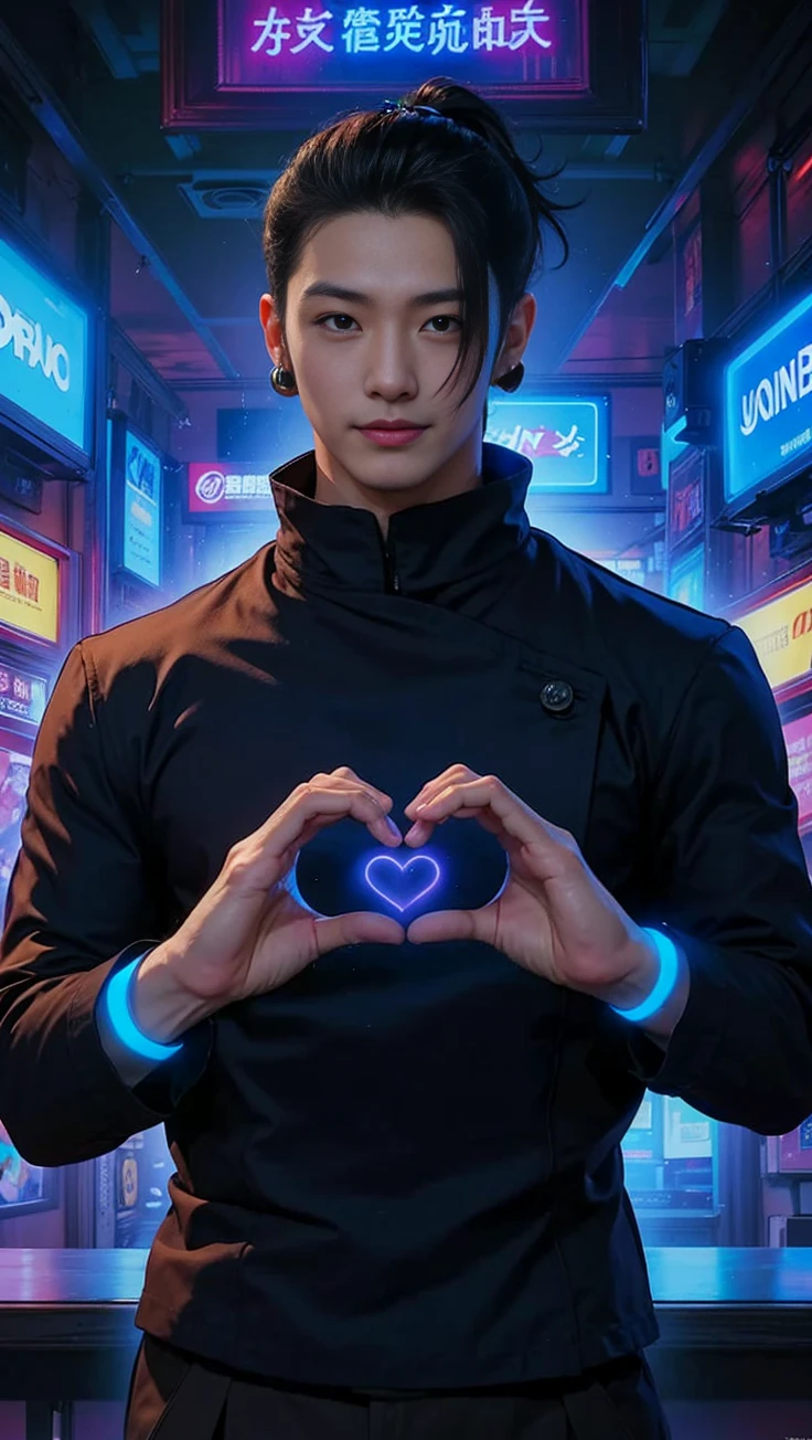 Cosplay Suguru Geto, Handsome guy, male beauty, manly face, black realistic hair, slanted eyes, fine nose, smile, strong and muscular body, realistic clothing, ultrarealist, 8k, masterpiece, digital photography, 3D image.