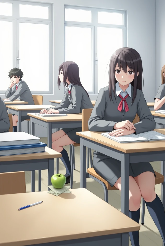 Group of students in a white classroom, with grey uniform, with books on the tables and a green apple, with a blue pencil