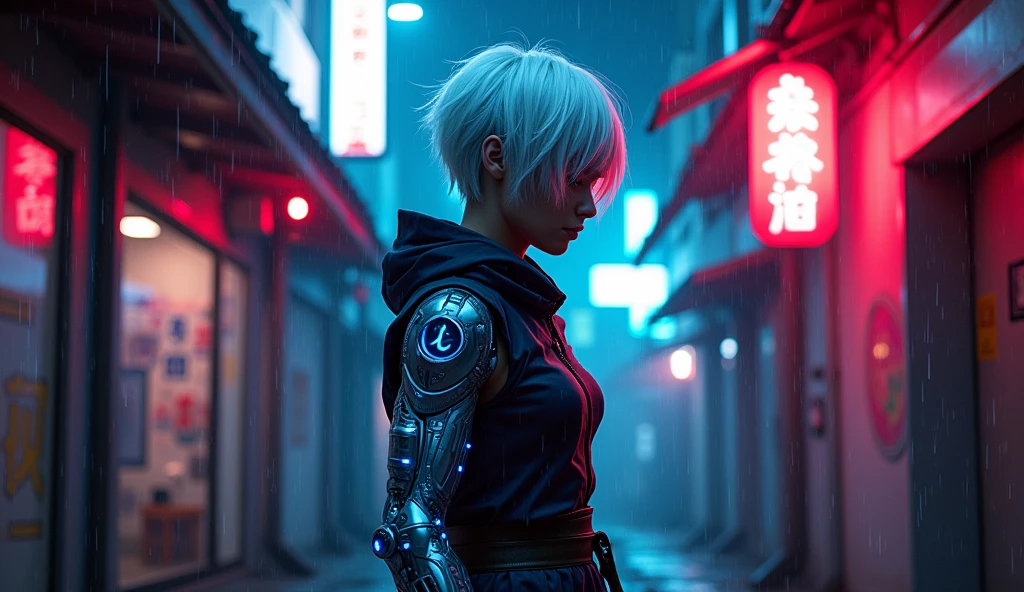"Create a futuristic goku assassin with short, white hair, standing in a neon-lit alleyway. The m goku should have a sleek, cybernetic arm glowing with blue energy, and a visor covering their eyes. The background should feature a narrow, rain-soaked alley with neon signs reflecting off the wet surfaces. The atmosphere should be tense and mysterious, with a mix of vibrant neon colors and dark shadows."