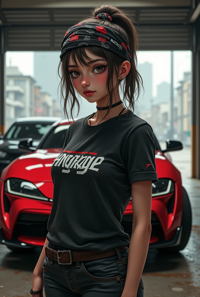 Girl front of tuning car,toyota supra,bandana,tokio in background,angarage as shirt text,angarage text