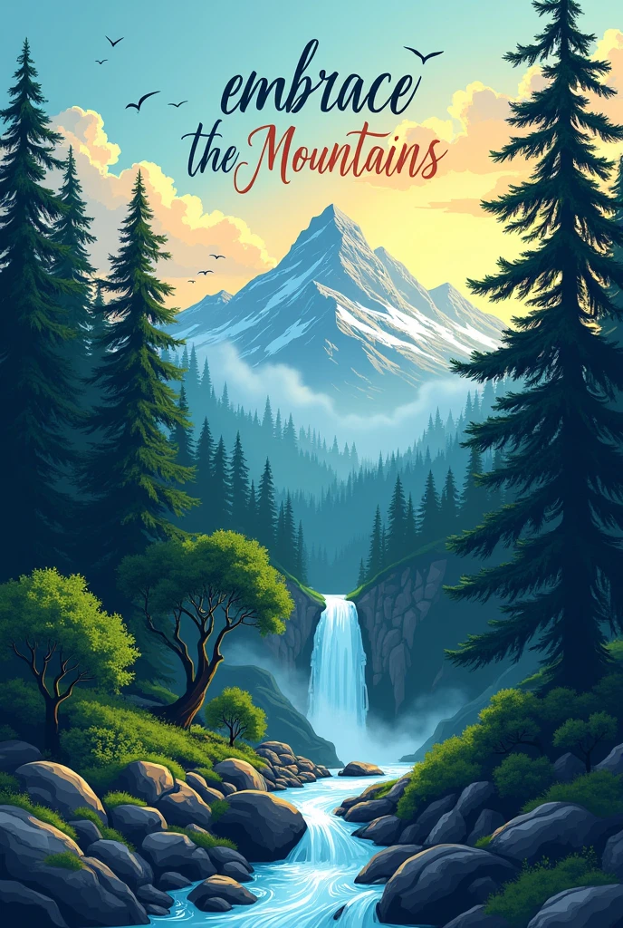 T-Shirt Design Concept: Mountains
Background: Blue sky, mountain silhouette, sunrise.
Main Image: Beautiful forest, green trees, waterfall.
Text: "Embrace the Mountains" in a stylish font.
Color Palette: Blue, green, grey, white.
Additional Elements: Small birds or clouds.
