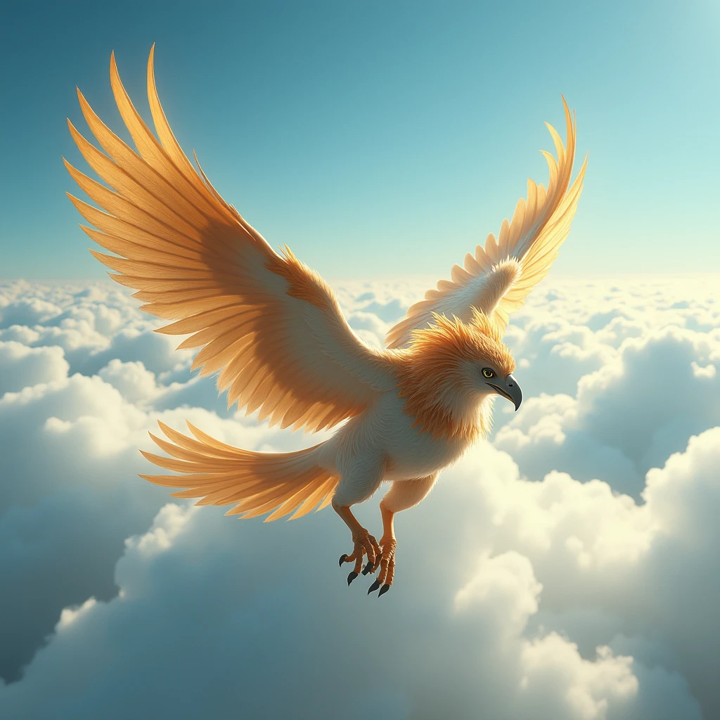 Griffin, Above the churning sea of ​​clouds, a gryphon soared, its feathers shining in the sun, its eyes shining with the desire for . The color is dominated by the blue of the sky and the gold of the griffin, the light and shadow are dominated by direct sunlight, the details are reflected in the luster of feathers and the flow of clouds. Beautiful cinematic lighting, surreal, color graded, dynamic movement, captivating chiaroscuro, full body, award-winning, cinematic still, emotional, vignette, dynamic, vivid, (masterpiece, best quality, photorealistic, Professional, perfect composition, very aesthetic, absurdres, ultra-detailed, intricate details:1.3)
