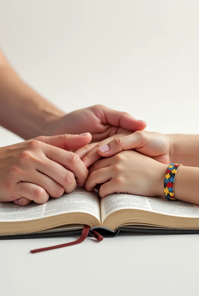create an image of the hands of a family with a child&#39;s hand with an autism bracelet on an open bible with a white background
