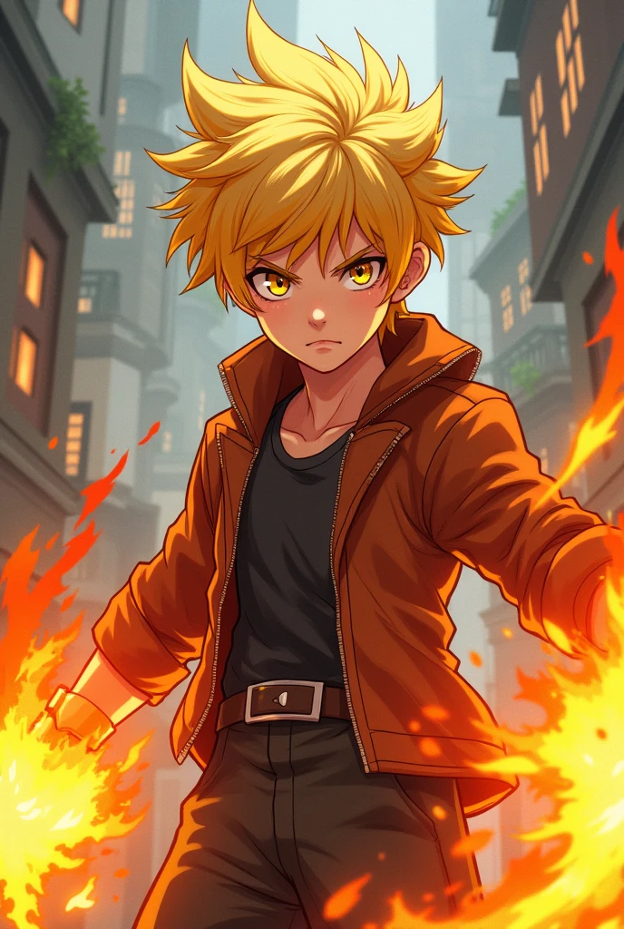 Male, young, yellow eyes, strong look, cold, yellow hair, disheveled, cartoon, fire control, strong, fighter