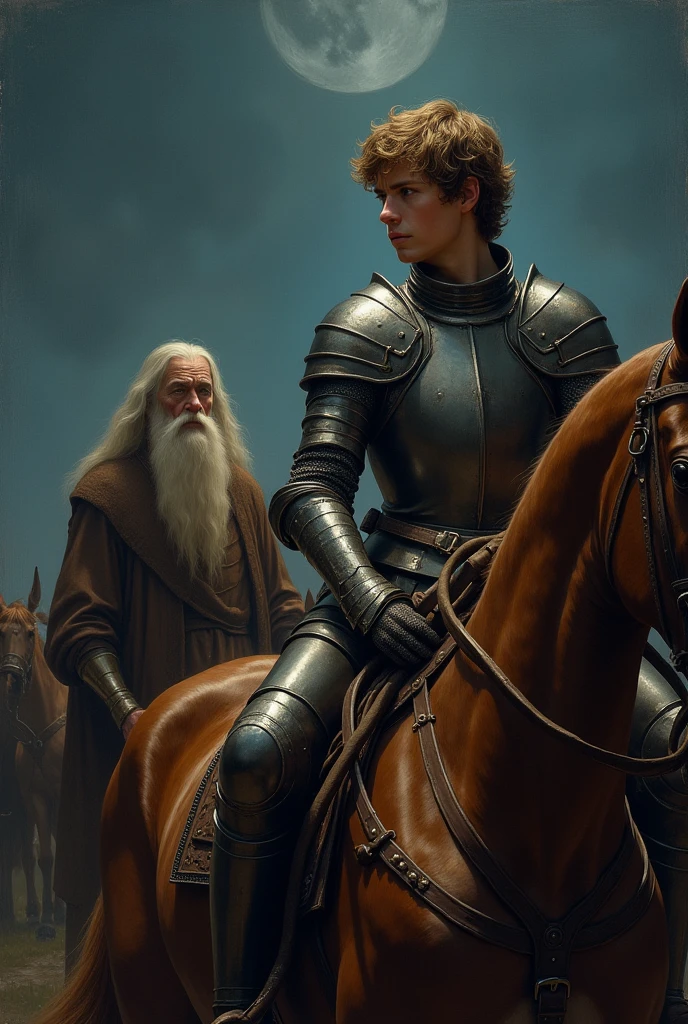 the old man is in the background, assez loin ,a young knight on his horse goes to war, and a very old man with a long beard looks at him tiredly, il fait nuit,