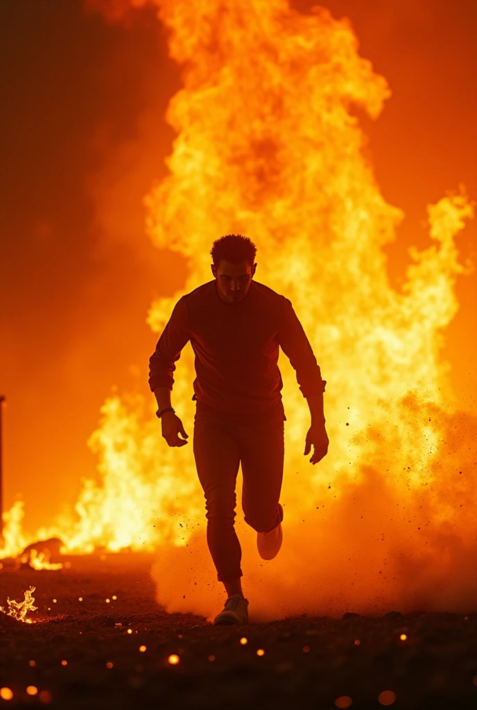 1 white man running, with torn shirt, in hell