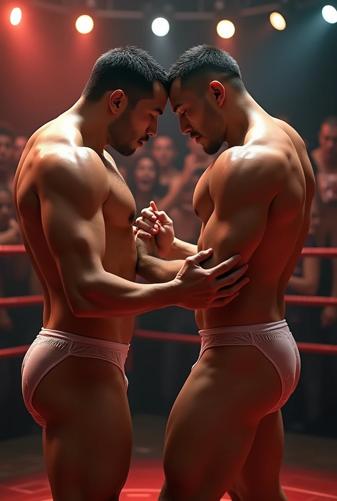 2 muscular men facing the camera, naked wrestle where one hand is groping the other's penis , fully nude, handsome, one asian , one European , sensual, on a strip club, drooling audience, aroused penis, showing penis, transparent outfit, see-through wet plastic underwear , handsome , big scrotum, erect penis, bulbous ass, bulbous penis tip ,