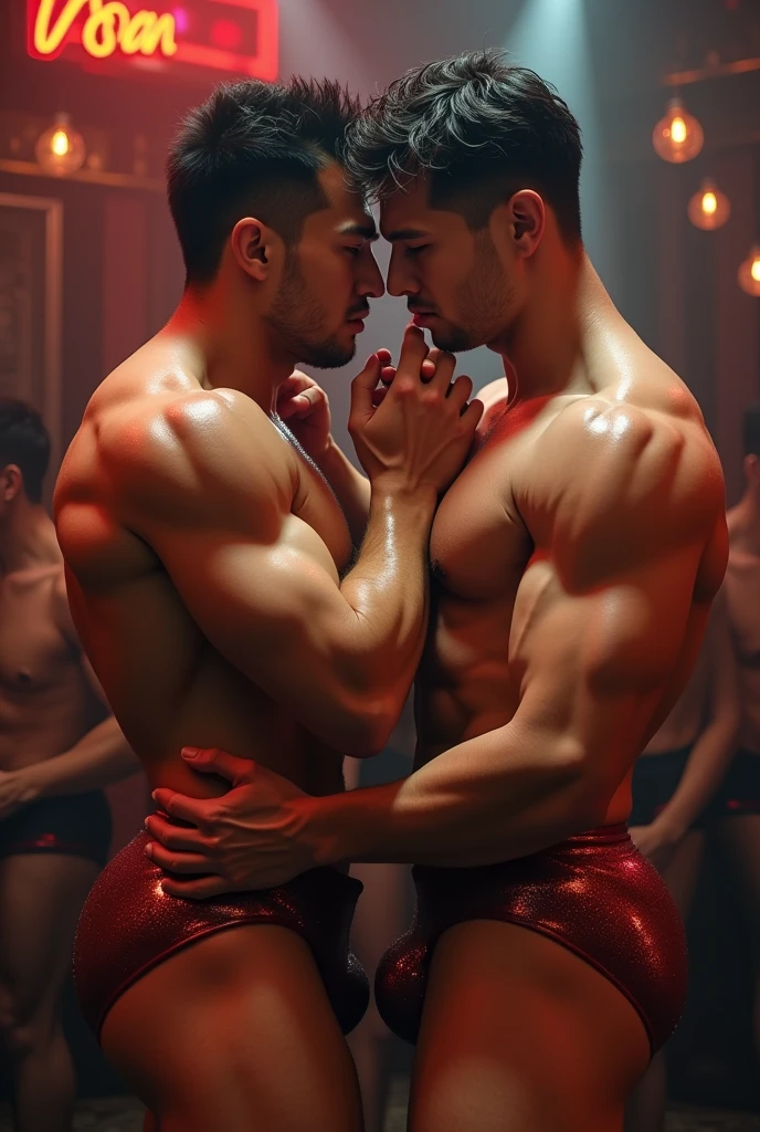 2 muscular men facing the camera, naked wrestle where one hand is groping the other's penis , fully nude, handsome, one asian , one European , sensual, on a strip club, drooling audience, aroused penis, showing penis, transparent outfit, see-through wet plastic underwear , handsome , big scrotum, erect penis, bulbous ass, bulbous penis tip ,