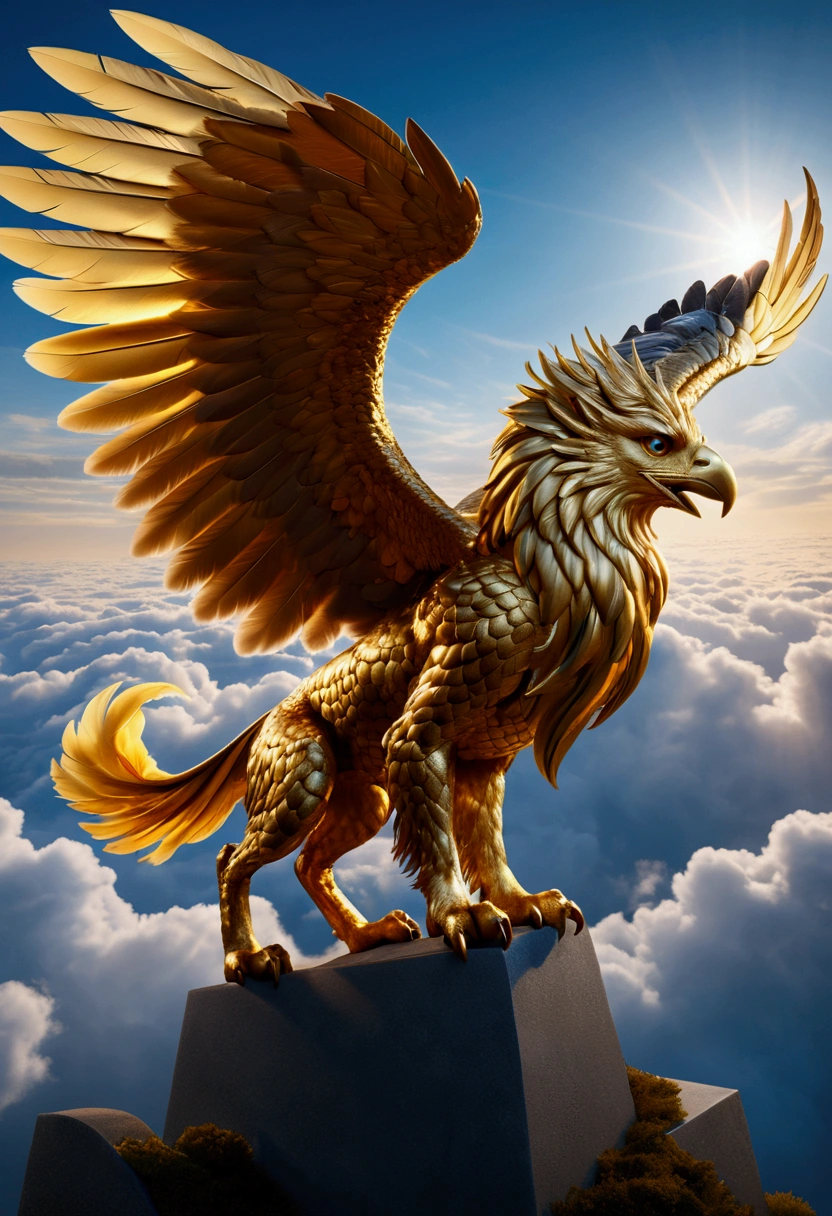 Griffin, Above the churning sea of ​​clouds, a gryphon soared, its feathers shining in the sun, its eyes shining with the desire for . The color is dominated by the blue of the sky and the gold of the griffin, the light and shadow are dominated by direct sunlight, the details are reflected in the luster of feathers and the flow of clouds. Beautiful cinematic lighting, surreal, color graded, dynamic movement, captivating chiaroscuro, full body, award-winning, cinematic still, emotional, vignette, dynamic, vivid, (masterpiece, best quality, photorealistic, Professional, perfect composition, very aesthetic, absurdres, ultra-detailed, intricate details:1.3)