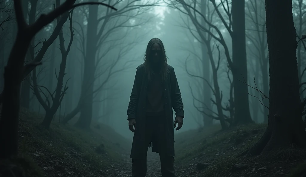 make a forest haunted by a mysterious lumberjack, he is cold and dark, She has long hair, extremly scary, extremely detaild, photoshot_\( ultra\), photoshotrealisitic, realisitic, Post-processing, Maximum details, roughness, real-life, ultrarealisitic, photoshotrealism, photoshotgraphy, 8k hd, photoshotgraphy