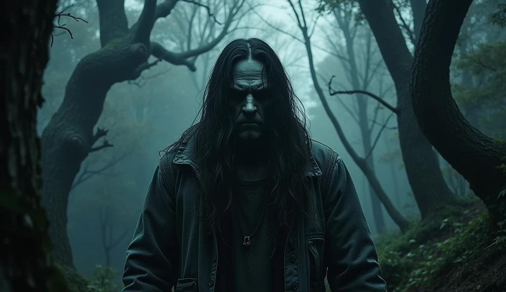 make a forest haunted by a mysterious lumberjack, he is cold and dark, She has long hair, extremly scary, extremely detaild, photoshot_\( ultra\), photoshotrealisitic, realisitic, Post-processing, Maximum details, roughness, real-life, ultrarealisitic, photoshotrealism, photoshotgraphy, 8k hd, photoshotgraphy