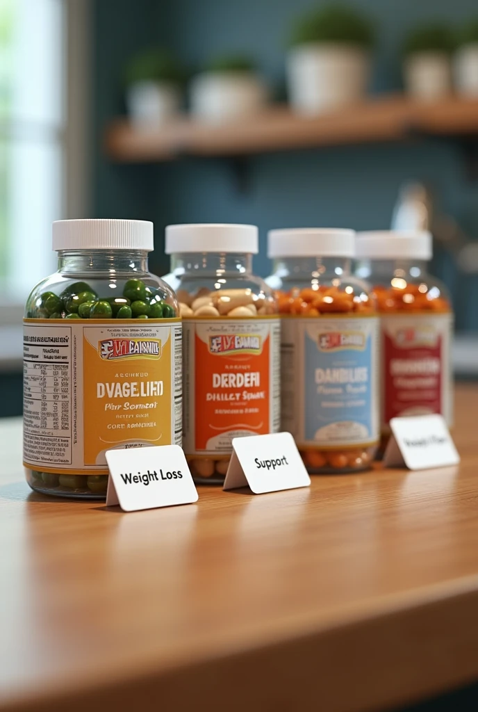 "Create a detailed image of a wooden table displaying several bottles of dietary supplements, each labeled for different health benefits. The capsules are arranged neatly side by side, with small signs in front of each bottle. The signs should read: 'Weight Loss' for one bottle and 'Diabetes Support' for the other. The bottles should be colorful and clearly labeled with their respective purposes, with pills visible through the transparent portions of the bottles. The setting should be clean and professional, with good lighting that highlights the labels and signs."