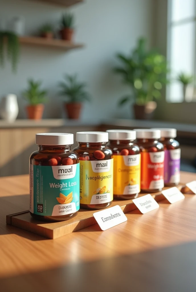 "Create a detailed image of a wooden table displaying several bottles of dietary supplements, each labeled for different health benefits. The capsules are arranged neatly side by side, with small signs in front of each bottle. The signs should read: 'Weight Loss' for one bottle and 'Diabetes Support' for the other. The bottles should be colorful and clearly labeled with their respective purposes, with pills visible through the transparent portions of the bottles. The setting should be clean and professional, with good lighting that highlights the labels and signs."