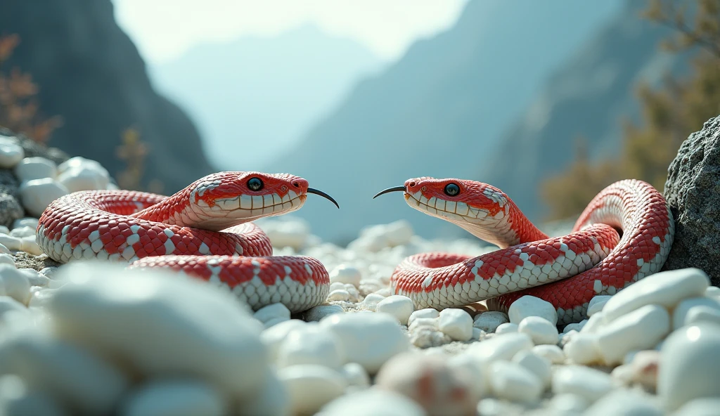 There are many white jades and pit vipers with spikes on their noses between red and white rings on the mountain.（best quality，4K，8k，High level，masterpiece：1.2），Ultra Detailed，（lifelike，Photo real，Photo real：1.37）