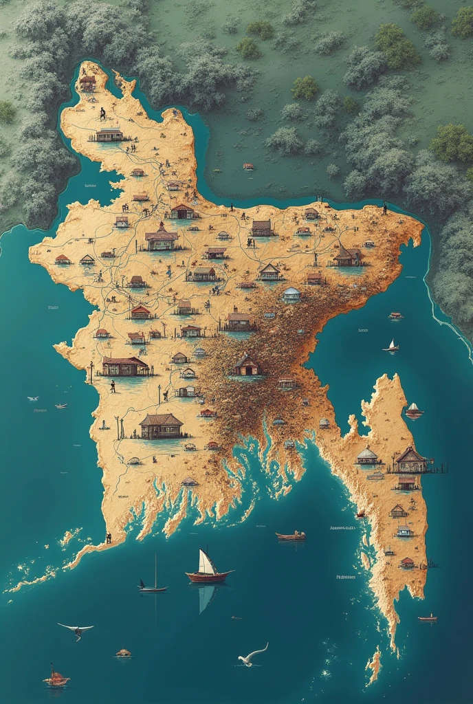 Map of Bangladesh showing flooded houses