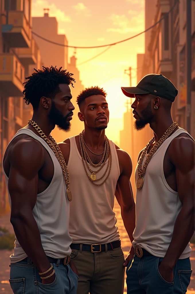 Three black American people wearing gold chains and white tanks, talking to each other, they all look like gangsters, they are in a American gang hood, day time, sunset lighting. 