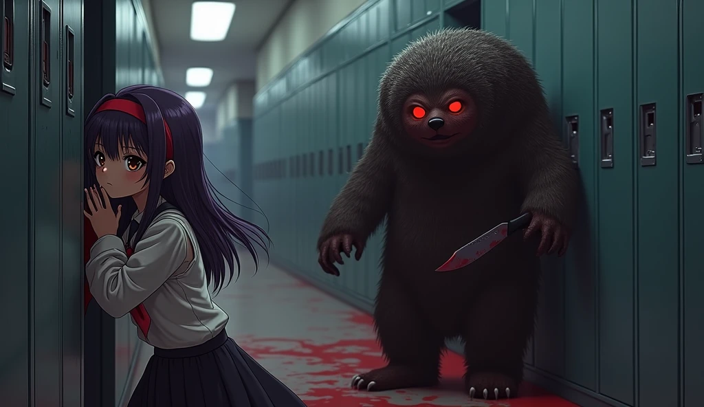 May ((a school girl with long dark purple hair that reaches her mid-back. She always wears a red headband. She has brown eyes. She wears a long-sleeved shirt and a black skirt.)) hid in a locker and The Mole mascot ((A terrifying mole mascot costume, covered in blood and carrying a knife.)) walked around looking for her.