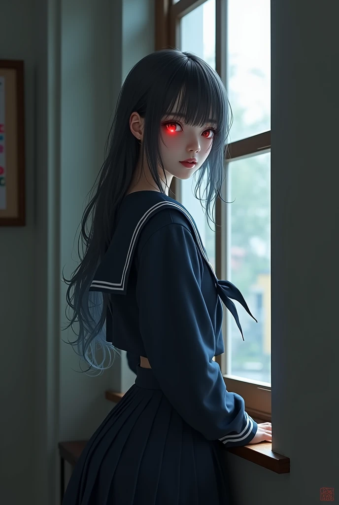 A beautiful girl with red eyes wearing a navy blue sailor uniform standing by the window in the classroom, (((red eyes))), Highest quality、Highest quality、Masterpiece、Ultra high definition、Reality、Detailed eyes and face、Professional photography techniques、Glowing red eyes、Mysterious Space、((I can see the Conqueror's Haki、fierce々I can see a beautiful aura、Psychic))