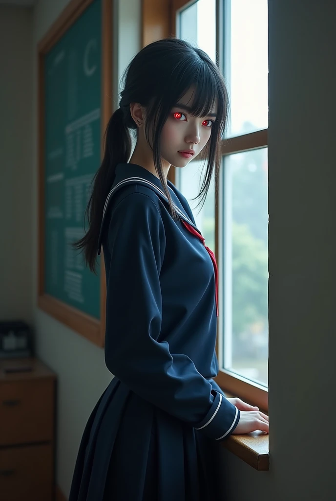 A beautiful girl with red eyes wearing a navy blue sailor uniform standing by the window in the classroom, (((red eyes))), Highest quality、Highest quality、Masterpiece、Ultra high definition、Reality、Detailed eyes and face、Professional photography techniques、Glowing red eyes、Mysterious Space、((I can see the Conqueror's Haki、fierce々I can see a beautiful aura、Psychic))