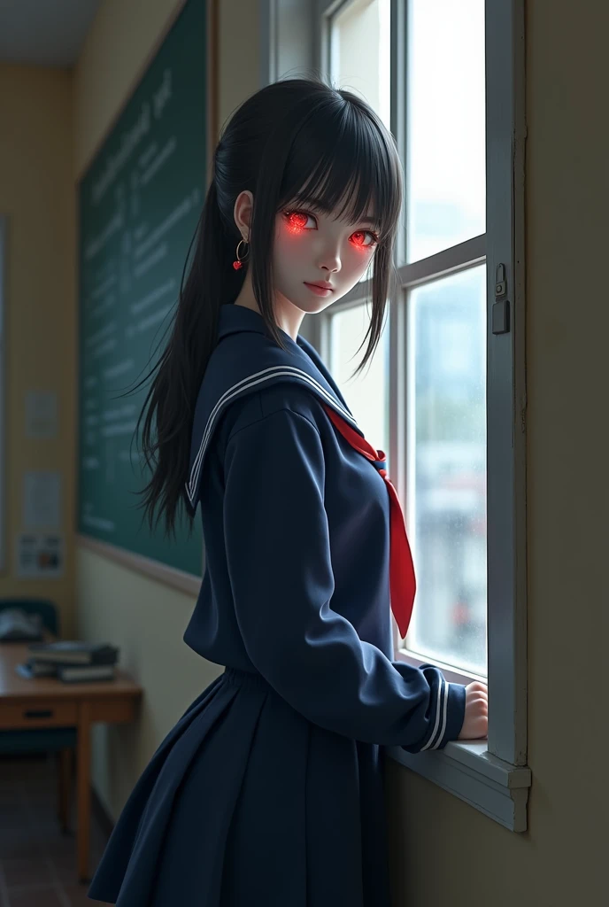 A beautiful girl with red eyes wearing a navy blue sailor uniform standing by the window in the classroom, (((red eyes))), Highest quality、Highest quality、Masterpiece、Ultra high definition、Reality、Detailed eyes and face、Professional photography techniques、Glowing red eyes、Mysterious Space、((I can see the Conqueror&#39;s Haki、fierce々I can see a beautiful aura、Psychic))