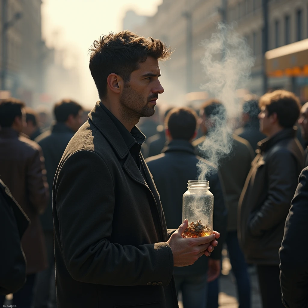 A man is standing holding a glass jar and in front of him are many people smoking cigarettes.