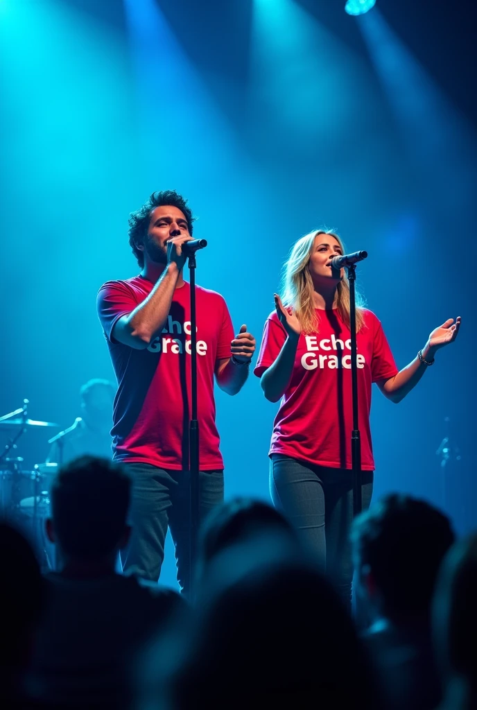 A band at a Christian pop rock concert, red shirt with Echo grace writing, with a close-up capturing the audience,, singing with microphone , cerulean, rot, Face ultra detailed, dark hair male singer, blonde singer