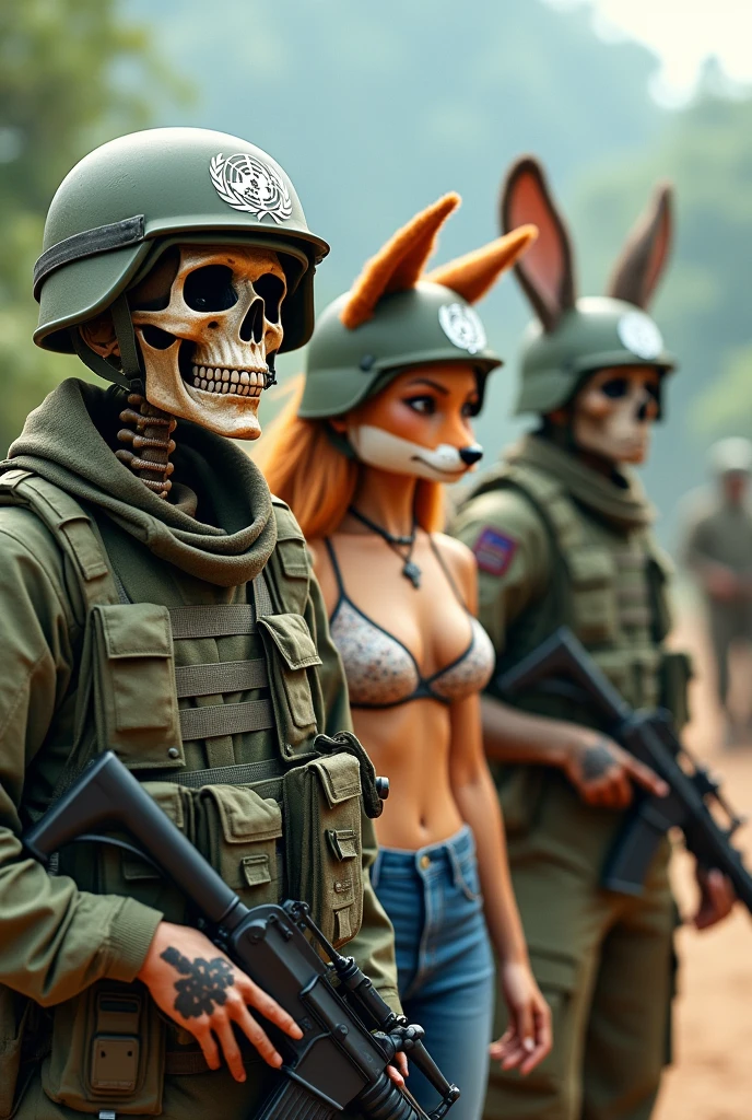 Brazilian skeleton soldier with UN helmet, with the other company of a furry anime fox soldier in a sexy bra and jeans with a UN helmet and another company with a semi-naked furry rabbit with a UN helmet on a peace mission in Haiti.