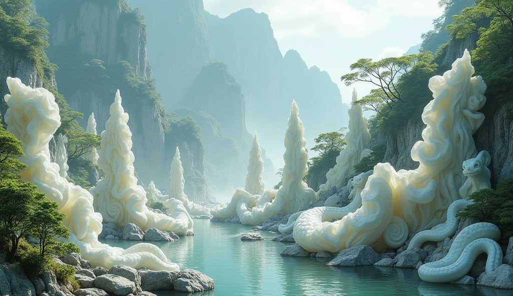 There are many white jades and strange snakes on the mountain.(best quality,4K,8k,High level,masterpiece:1.2),Ultra Detailed,(lifelike,Photo real,Photo real:1.37)