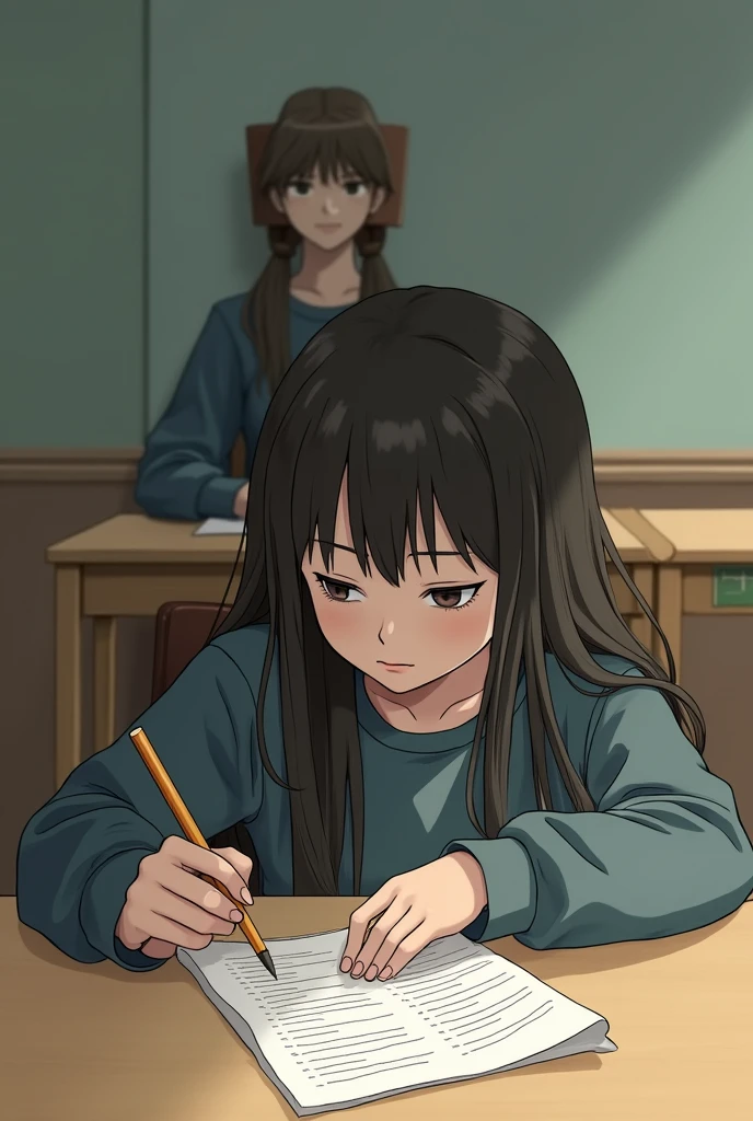 A girl sitting with her back turned with long hair taking a written test while a square headed girl sitting in a chair behind her chair.