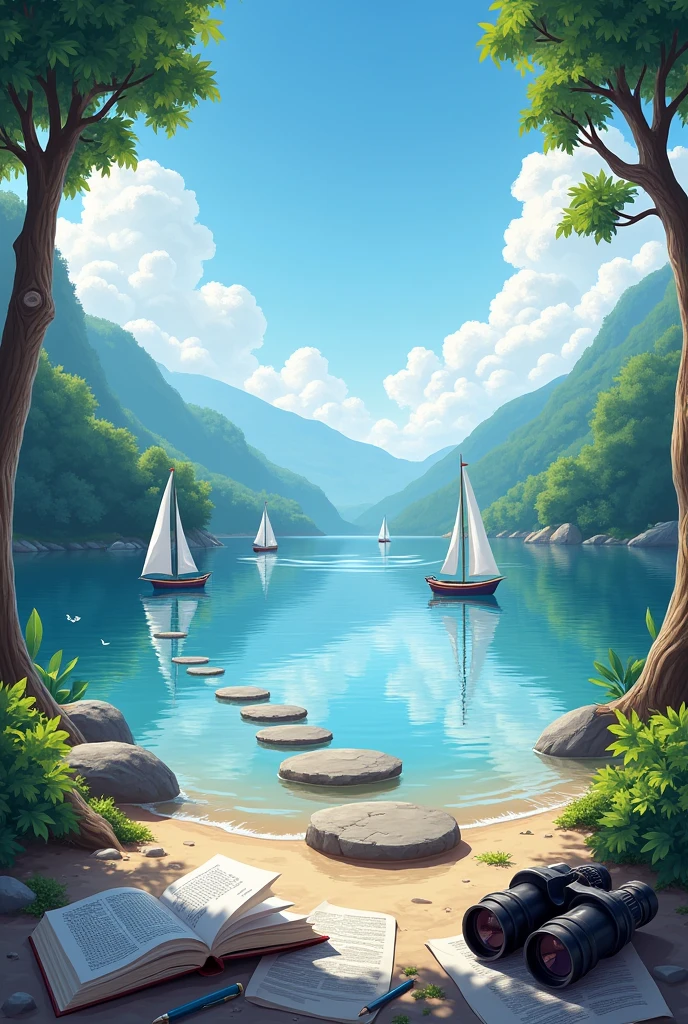 "A calm lake with a few sailboats in the distance, surrounded by lush green hills and towering trees. On the shore, an open book lies next to a pair of binoculars, with a few papers and a pen scattered around. The sky is clear with a few fluffy white clouds, representing clarity and new ideas. In the foreground, a few stepping stones lead into the lake, inviting the viewer to take a step forward and explore."size:1200×628