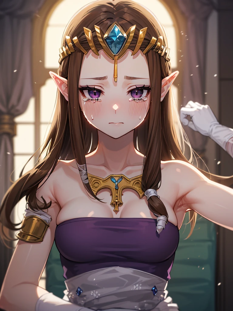 ((endure severe pain)),((Very detailed and beautiful face)),((Please show me your armpits)),((Face close-up)),((((Exposed breasts)))),(((They hesitate)),((Exposed shoulders)),((((Upper Body)))),((Are crying)),,((alone))Anime art style,masterpiece,(topless), (Very detailedな),(Very delicate and beautiful),(alone),(Detailed face ),(((片close ~ eye))),(((((Mature Woman,Queen))))),((Very beautiful portrait)),((crinoline)),,((Straight Long Hair),((close ~ eye)),((close your mouth)),((Obscene)),(((Purple Blouse))),((Embarrassed expression)),((Dark brown hair)),blush,Princess Zelda, ((Highest quality)), (Very detailed), ,(((constrained))),beauty,beautiful,Princess Zelda, Ticker,)), ((vapor)),Nintendo, The Legend of Zelda,さらにblush