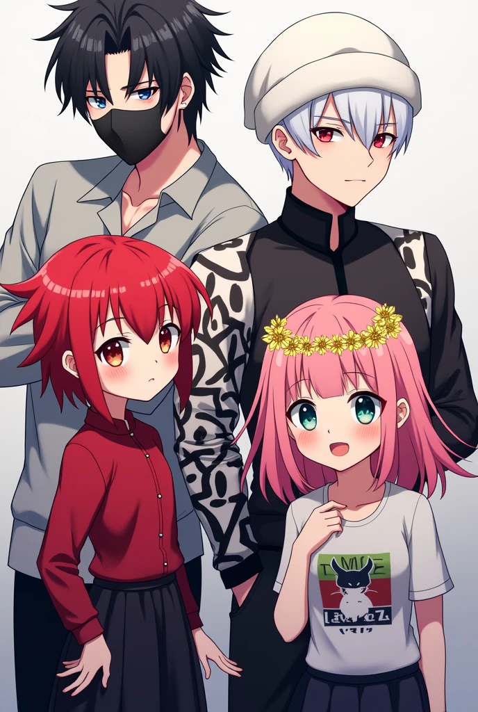 2 girls and 2 guys in anime character in 1 frame

1 girl dress up as emo red hair with red shirt and black long skirt 

another 1 girl dress up as pink hair girl with yellow flowers crown and kpop's TWICE merch

another 1 guy dress up as emo black hair,have black mask that covered his face and white black pattern on his long sleeve shirt

1 guy dress up as sleeveless grey shirt with white hair and a white binie.He has white skin,white as fair as snow,has abs and bicep

4 PEOPLE IN TOTAL,MAKE THEM ALL THE SAME HEIGHT 

they all in anime character and they all 4 of them