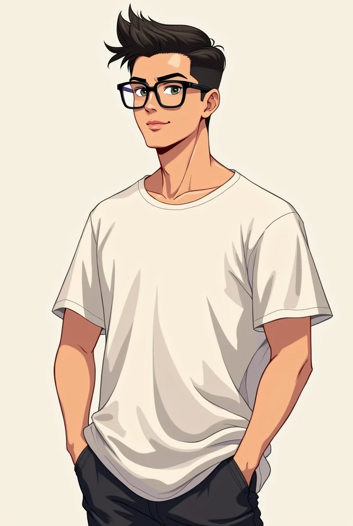 Cartoon ish , square glasses , guy , short hair , mid fade haircut , anime style , big tshirts , short pants , male , sexy , handsome