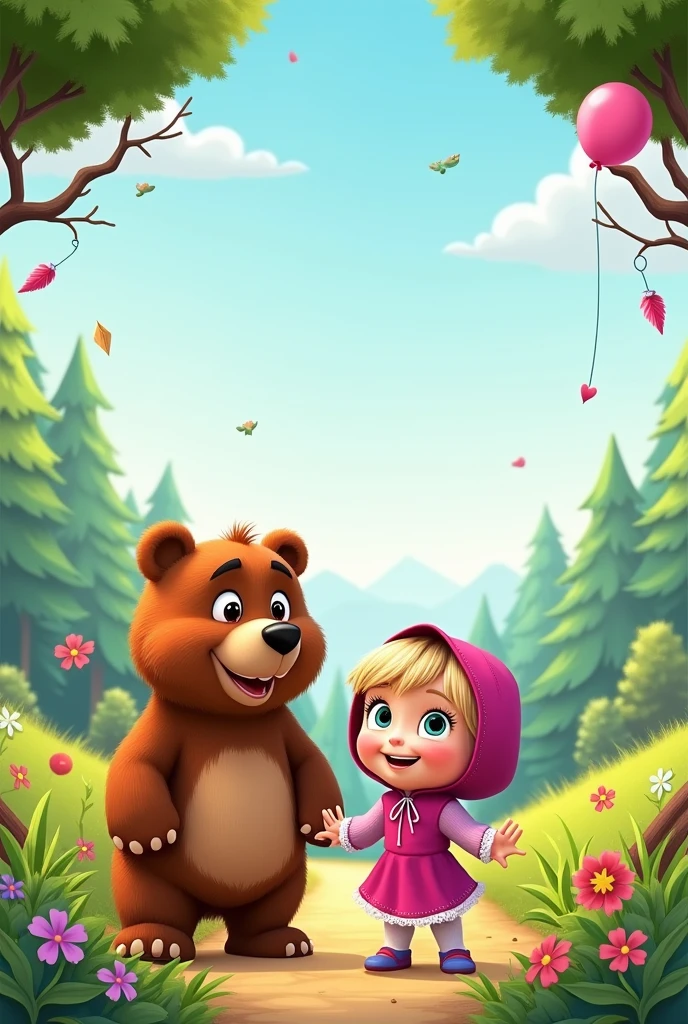 2nd Birthday Invitation, theme : Masha and the Bear , that contains the name of the birthday girl: Alice and age 2 years 
