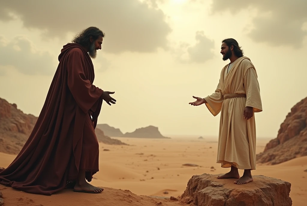 "A challenging scene in the desert, where Jesus faces Satan's temptation. Jesus is standing on a high rock, dressed in a simple robe, with an expression of steadfastness and resistance. In front of him, Satan appears as a dark and cunning figure , shrouded in shadows, with a manipulative smile, tempting Jesus with promises of power, wealth, and glory. The surrounding desert is barren and desolate, with sand dunes and rocks under a cloudy sky. In the distance, the tempting visions that Satan. offers to Jesus appear vaguely on the horizon, but Jesus keeps his gaze fixed and determined, refusing temptations with words of wisdom. The scene is charged with spiritual tension, symbolizing the battle between good and evil."