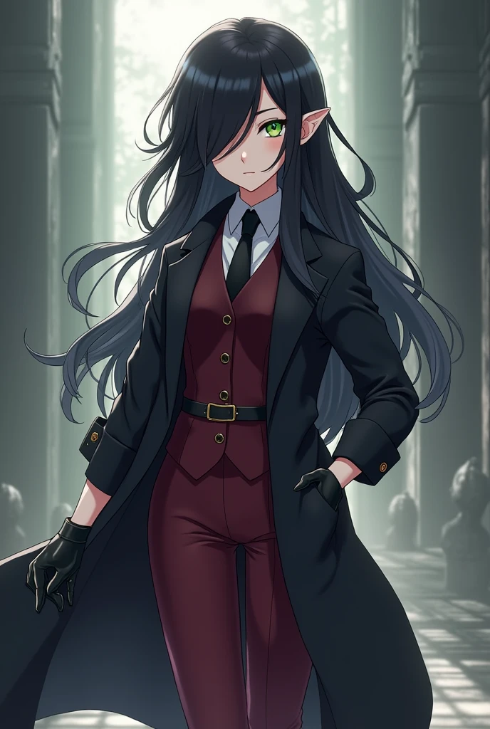 A female elf character, anime. Young and serene appearance with hair length below the shoulders, wavy and dark, black, with an asymmetrical hairstyle that partially covers one side of his face, his right eye is covered by his hair. His eyes are an intense green color. He wears black clothing that includes a long, dark trench coat with long sleeves and wine red suit pants. The trench coat has a belt tied at the waist, which fastens at the front. He has a white button-down shirt and a small closed wine red vest. He wears gloves, knee-high boots and a tie, all three black. The posture and facial expression suggest that she is ready for a battle or quick action. She is tall and serious. That represents light and darkness.