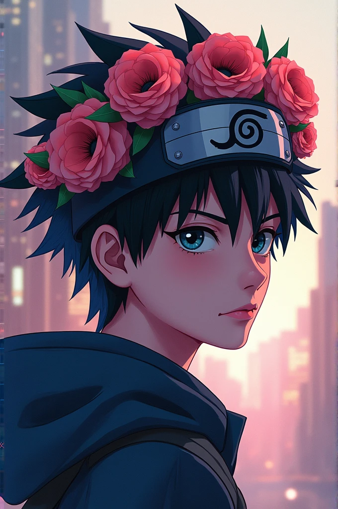 Create a high-resolution, fashwave-inspired artistic digital image depicting a boy adorned with a flowery crown with k logo. The image should emulate the stylistic elements of Naruto Shippuden,Sasuke, and sainse, boasting strong facial expressions, soft lines and shapes.