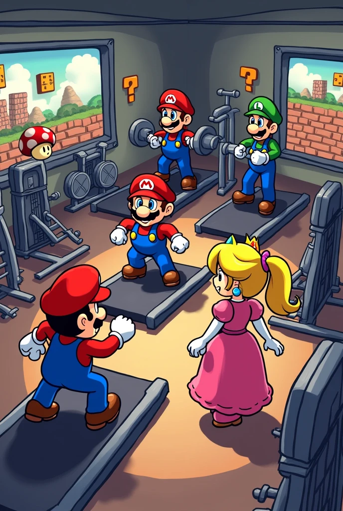 A landscape of Mario Bros and Peach training in the gym with weights and machines and they are seen in a gym with the format of Super Mario Bros 3 and Mushroom on the treadmill and Luiggy doing spinning