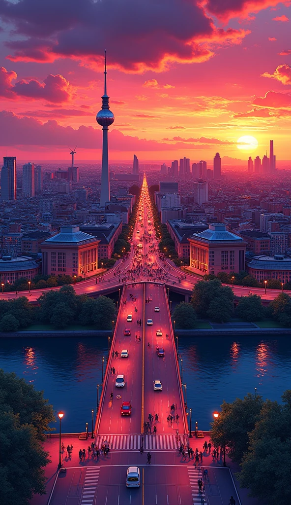 when sunset is coming, berlin with beautiful view, with the big bridge - bird view, rendered with detailed comic cartoon style, neon lights, miami vice vibes