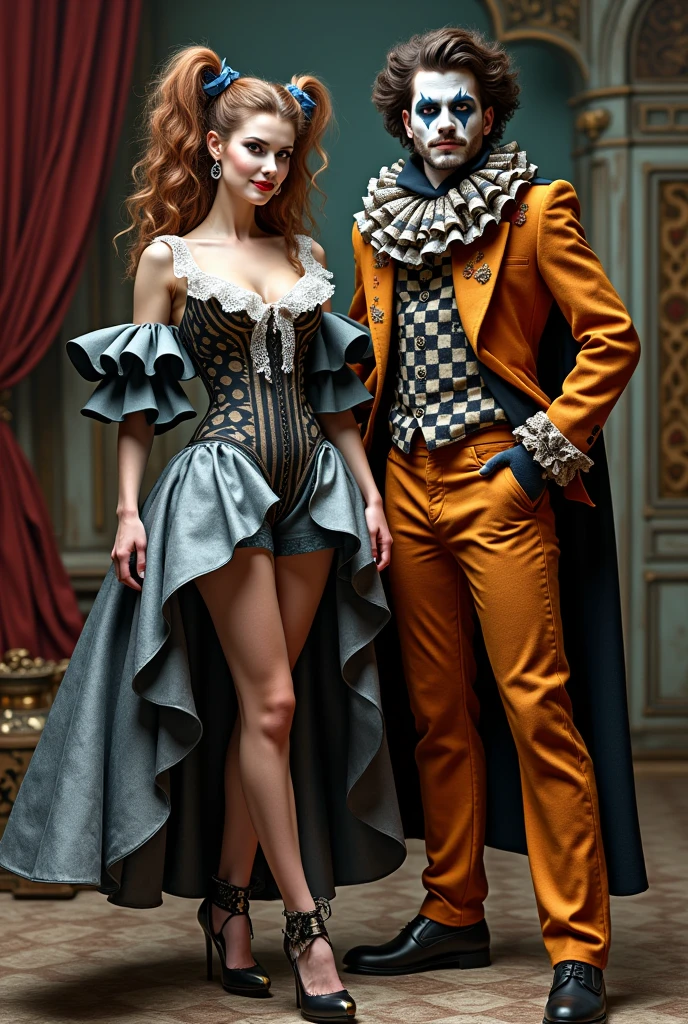 Create a female hero costume based on the Pierrot costume from Commedia dell Arte AND a male hero costume based on the Harlequin costume from Commedia dell Arte