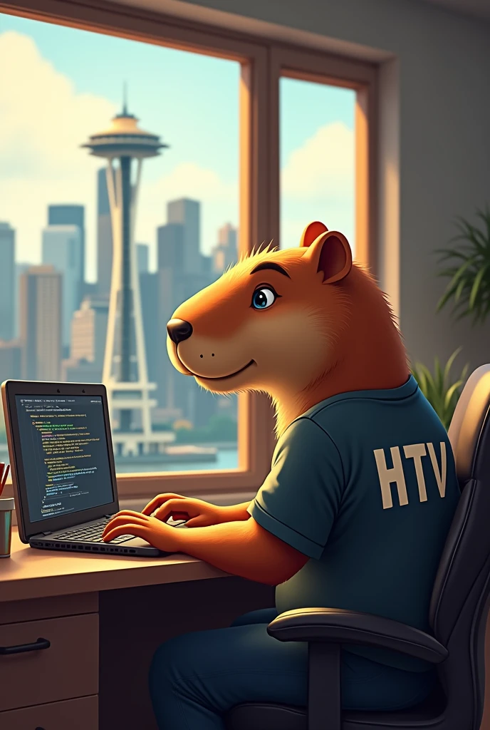 I want a capybara (that is in seattle - WA) developing a software using a t-shirt with letters HTV on the back. On the window it's possible to see seattle