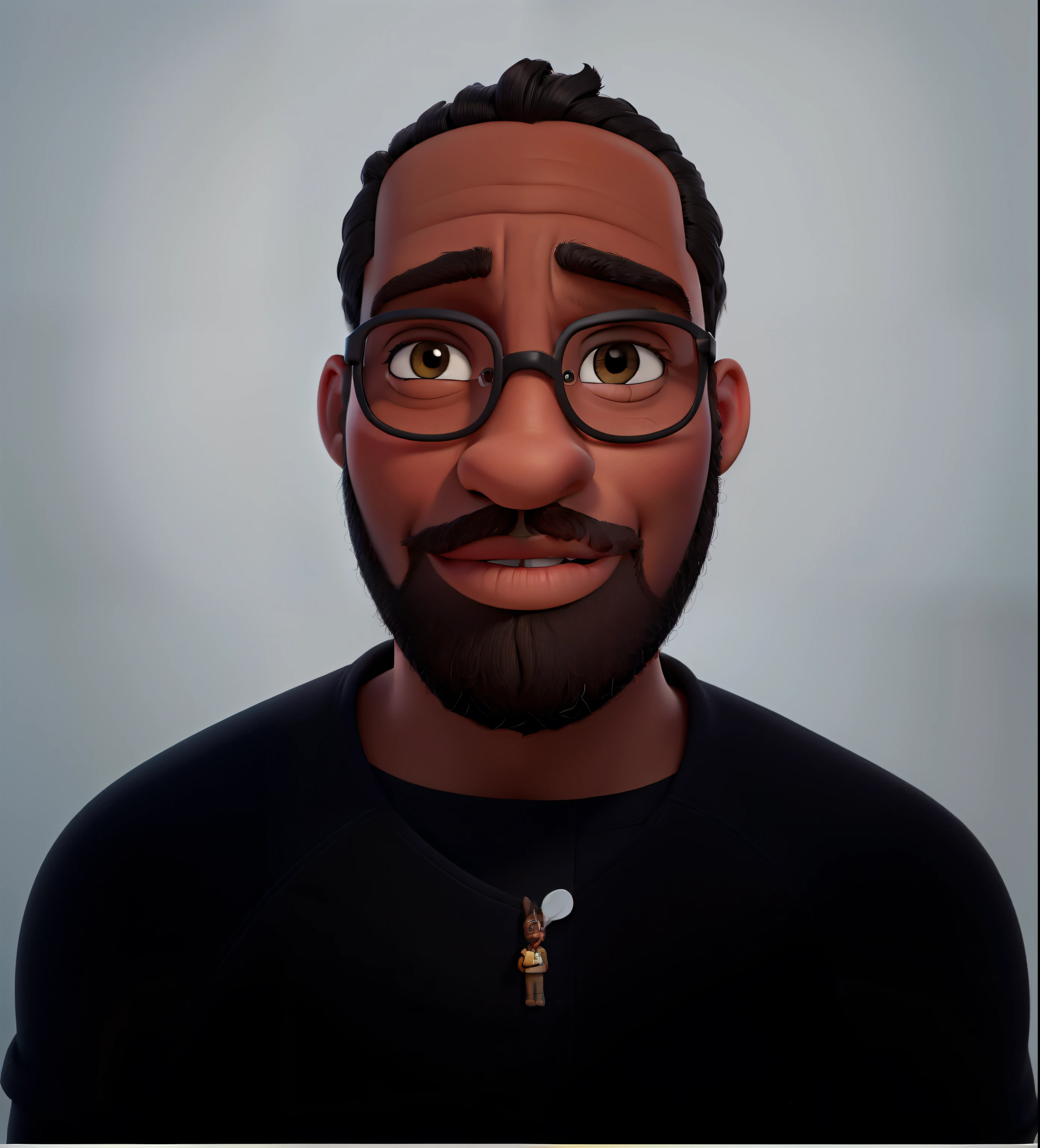 A black African man with glasses, oval face, full lips with small mouth, dark brown eyes ::1 trimmed mustache::1 gray with moschetto and hair ::1 very short black Disney Pixar style, high qualiy, best qualityer