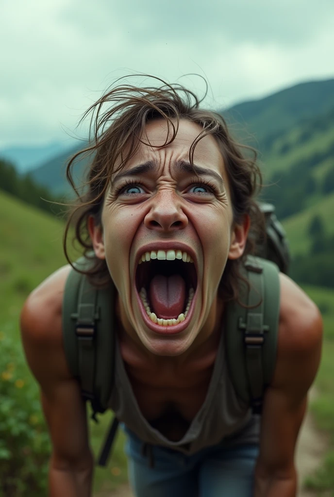 Close up of a horrified hiker screaming in the countryside