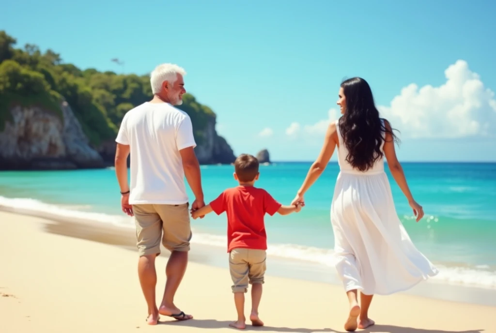 High Resolution, Masterpiece, Accurate, Best Quality, Detail, High Quality, realistic photo. A 2 wife, long dark hair, white skin, wearing a white long dress, height: 155 cm, weight: 45 kg. A 30 year old husband, short hair, white skin, wearing a white t-shirt, height: 160 cm, weight: 55 kg. A boy with short hair, white skin, wearing a red t-shirt. Husband and wife are walking hand in hand on a sandy Bali beach. The man is wearing a white shirt and khaki shorts, while the woman has long dark hair. They are both smiling and appear to be enjoying each other's company. In the background, there is a beautiful view of the ocean and a rocky cliff. The sky is blue and the overall mood of the image is peaceful and romantic.