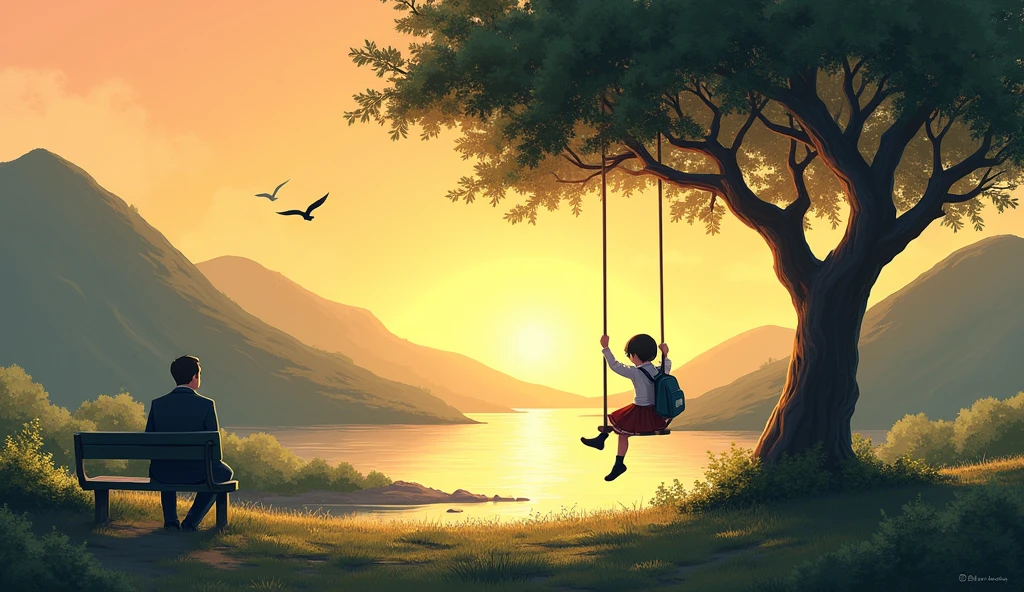 A Tree which is at bottom left ,with bushy leaves and below the tree at the left there is a school bag and at the right branch of the tree is a swing and a school girl is swinging in it turning backside. To the left of school bag and to the left the tree ,there is a seater bench and one man is seated on that bench looking at the sunset at the background through 3 hills turning backside like the girl is facing. To the left side of the man there is a stream that is flowing from the hills and there are 2 birds flying at the top of 2nd hill