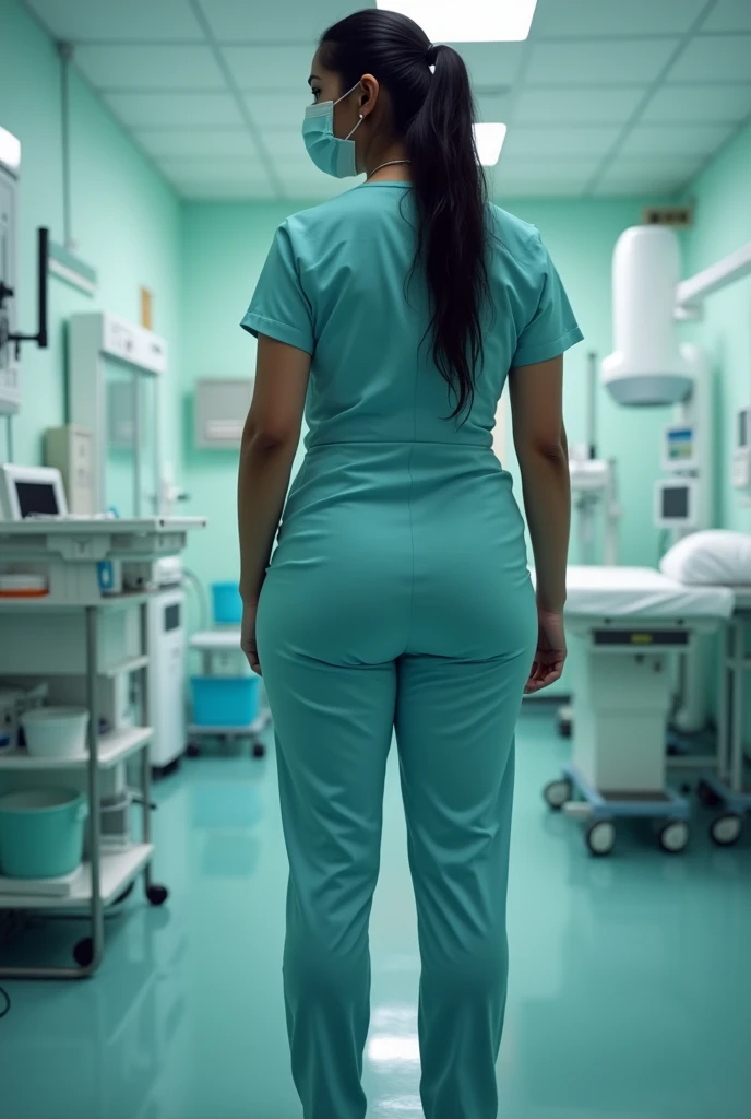 6 feet tall big breasted Brest beautiful gujrati girl as sexy nurse full realistic 4k picture wear a mask gynec hospital background without bokey effect in ot back view